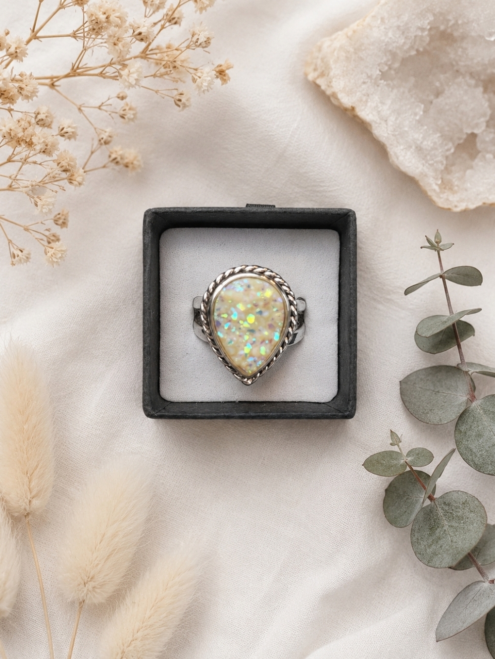 #585 NWOT Sterling Silver Teardrop Opal Ring - Iridescent White